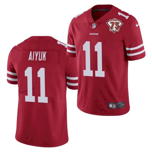 Men's San Francisco 49ers #11 Brandon Aiyuk 2021 Red NFL 75th Anniversary Vapor Untouchable Stitched Jersey Men's San Francisco 49ers #11 Brandon Aiyuk 2021 Red NFL 75th Anniversary Vapor Untouchable Stitched Jersey